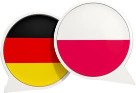 Dwie nakładające się chmurki dialogowe z flagami Niemiec i Polski, symbolizujące komunikację dwujęzyczną.