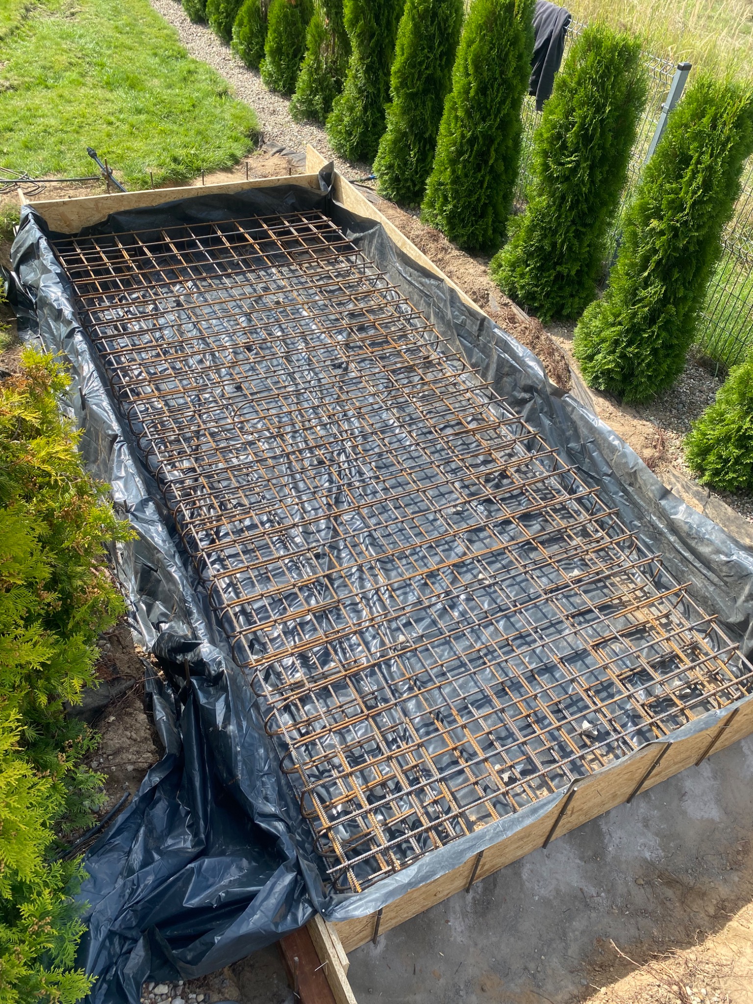 Przygotowany szalunek z siatką zbrojeniową na fundamencie, zabezpieczony folią, widok z góry na tle zielonych tuj i trawnika.