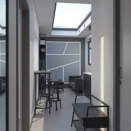 Nowoczesne wnętrze mieszkania z otwartą przestrzenią, szara kolorystyka, minimalistyczny design, oświetlenie sufitowe, czarne meble i akcenty, widok z perspektywy korytarza.