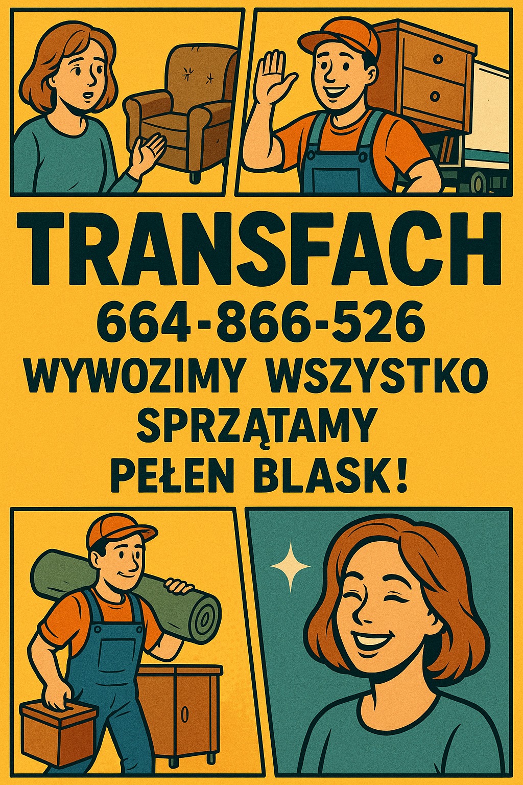 Ilustracja: plakat firmy przeprowadzkowej z pracownikiem niosącym dywan i meble, zadowolona klientka, numer telefonu i hasło 'Wywozimy wszystko, sprzątamy pełen blask!'.
