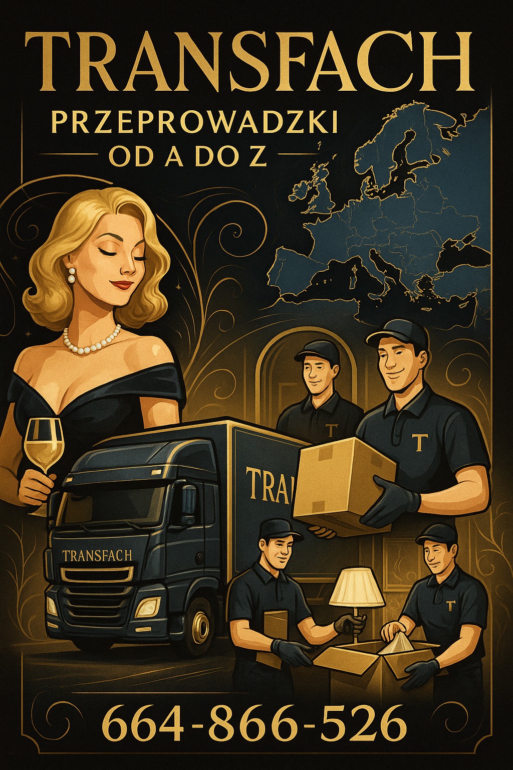 Grafika firmy Transfach: elegancka kobieta z winem, mapa Europy, ciężarówka i pracownicy pakujący lampę. Numer telefonu na dole.