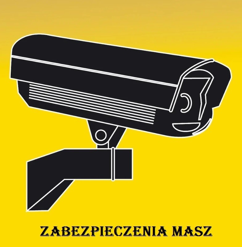 Czarna ikona kamery monitoringu na jaskrawo żółtym tle z napisem 'ZABEZPIECZENIA MASZ' w dolnej części.