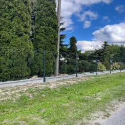 Nowoczesne ogrodzenie panelowe z podmurówką betonową, widok z zewnątrz posesji, wysokie tuje w tle, błękitne niebo z obłokami.