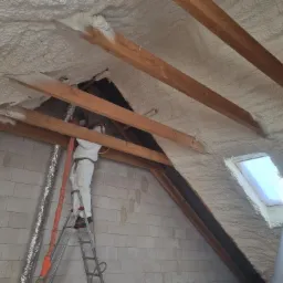 Pracownik w kombinezonie ochronnym na drabinie, aplikuje piankę izolacyjną na poddaszu z drewnianymi belkami i oknem dachowym.