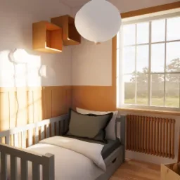 Jasny pokój dziecięcy z szarą kołyską, białym baldachimem, pomarańczowymi półkami i ścianami w odcieniach bieli i pomarańczy, oświetlony naturalnym światłem z okna z widokiem na zieleń.