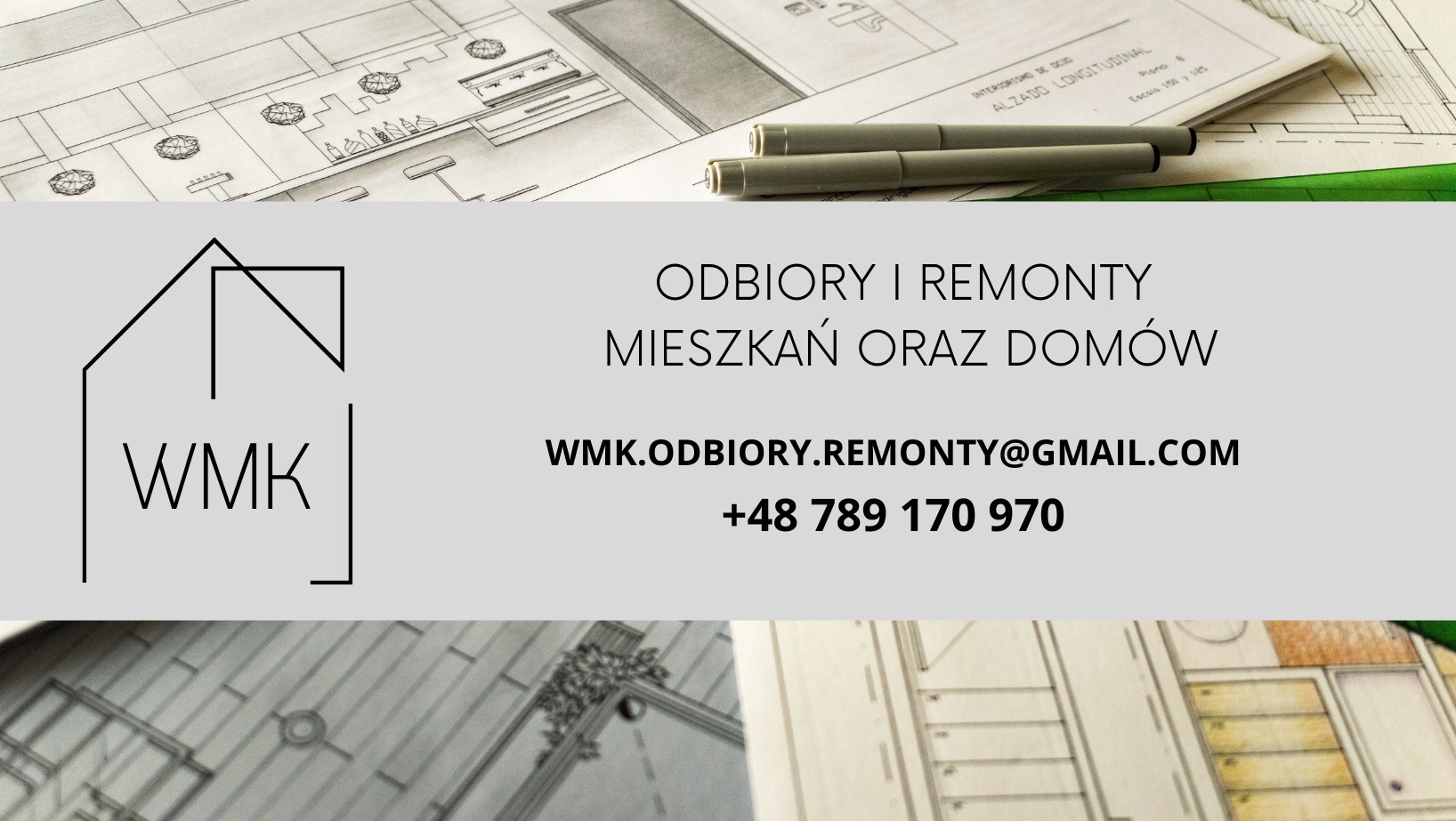 Logo firmy WMK Odbiory i Remonty na tle planów architektonicznych z detalami wnętrz i dwoma ołówkami.