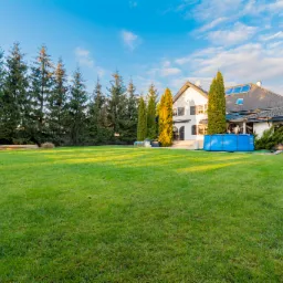 Duży, zadbany trawnik przed dwupiętrowym domem z białymi ścianami, brązowymi okiennicami i szarą dachówką, z widocznym basenem ogrodowym i rzędem wysokich drzew iglastych w tle.