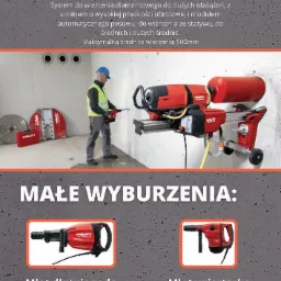 Pracownik w kasku i kamizelce ochronnej używa wiertnicy diamentowej Hilti DD 350-CA do wiercenia w betonowej ścianie, widoczne narzędzia i akcesoria do wiercenia.