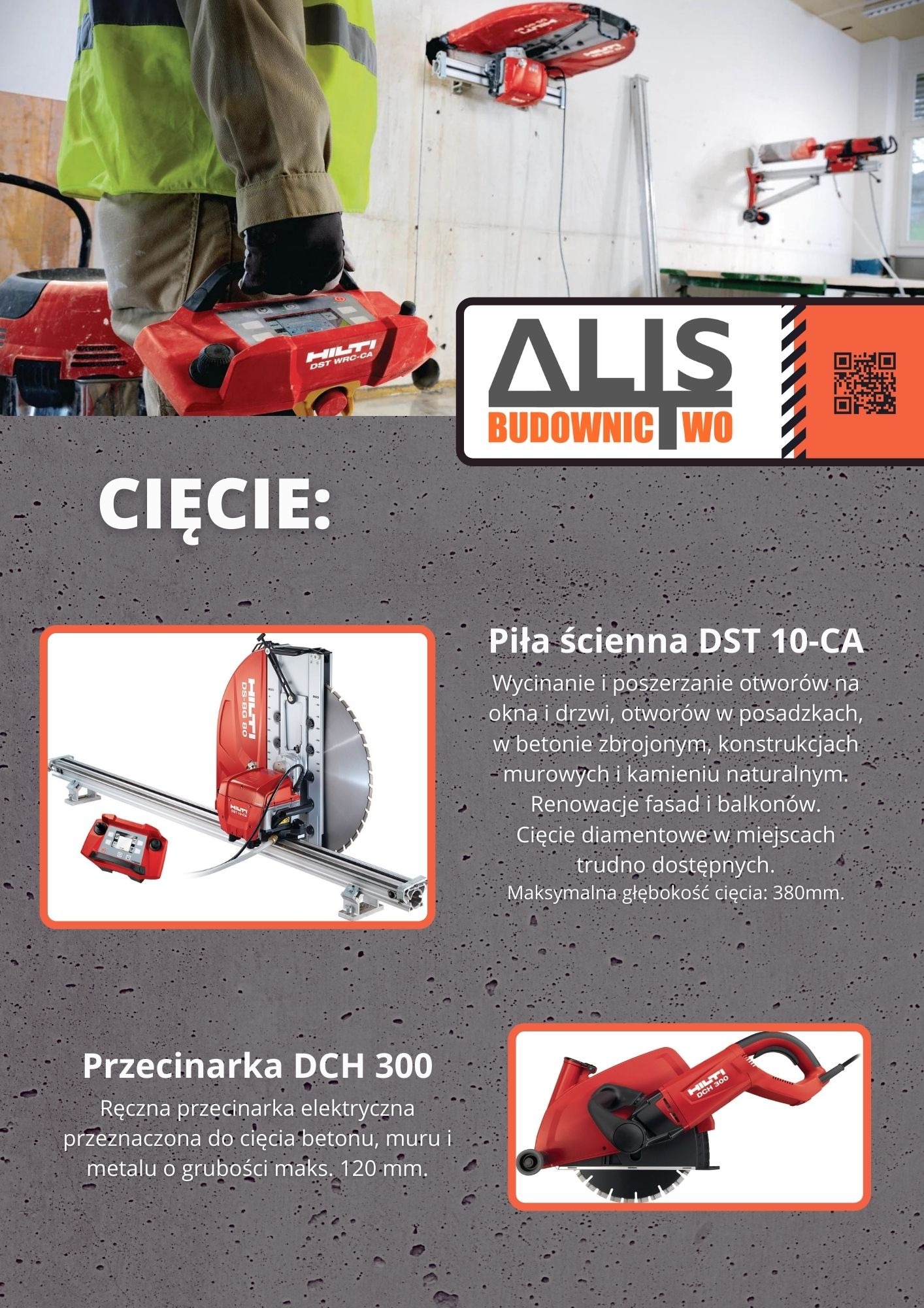 Pracownik budowlany obsługuje czerwoną piłę ścienną Hilti DST WRC-CA, przygotowując się do cięcia ściany. W tle widoczna piła DST 10-CA zamontowana na ścianie i przecinarka DCH 300.