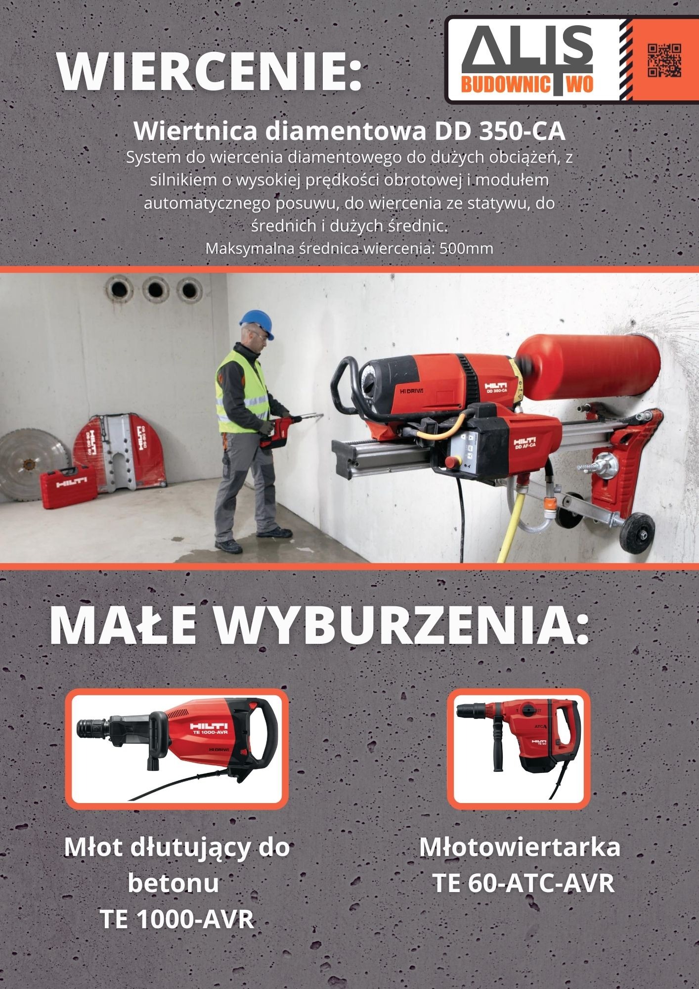 Pracownik w kasku i kamizelce ochronnej używa wiertnicy diamentowej Hilti DD 350-CA do wiercenia w betonowej ścianie, widoczne narzędzia i akcesoria do wiercenia.