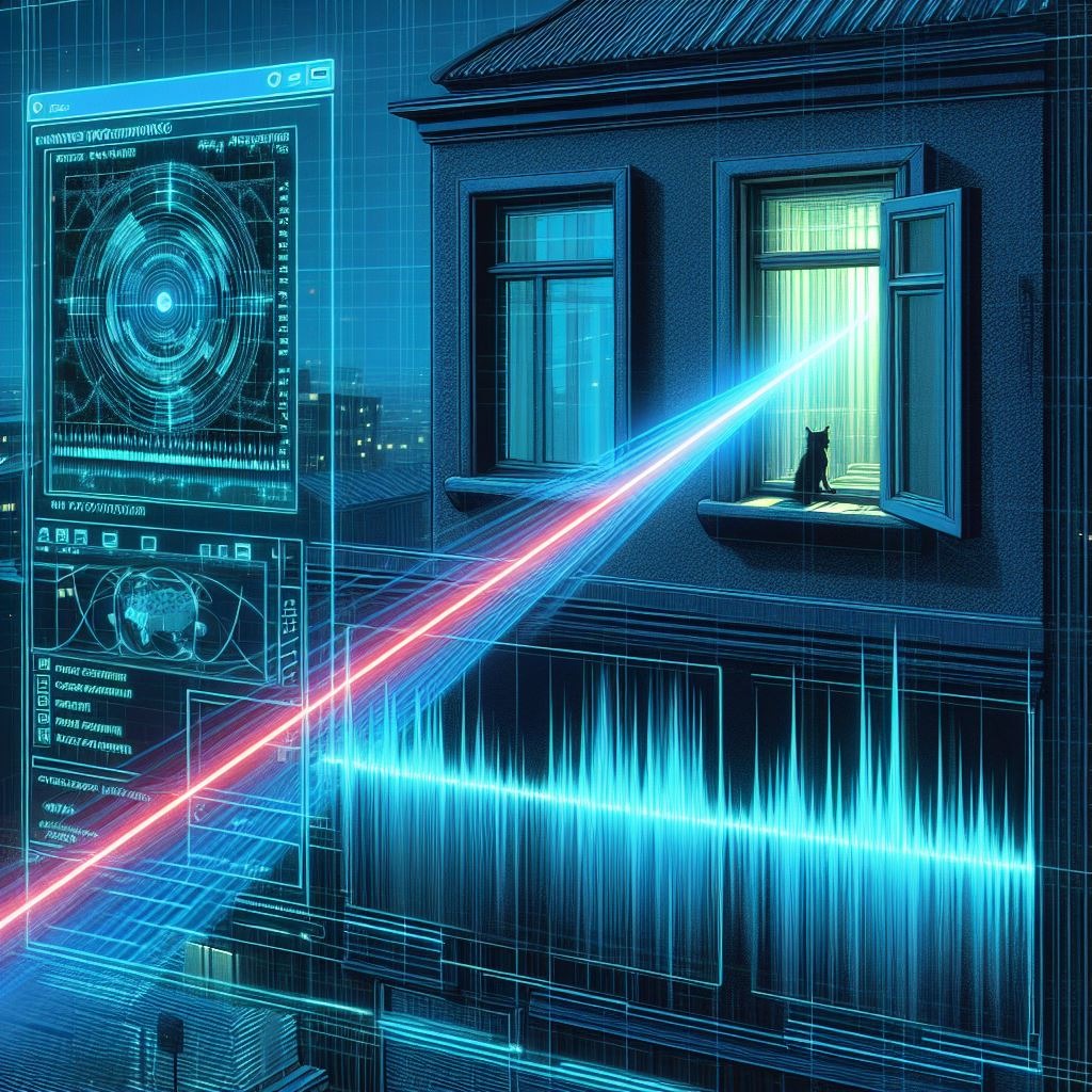 Futurystyczna ilustracja: kot siedzi w oknie budynku, a z okna wychodzi czerwona wiązka lasera, która łączy się z interfejsem analizy danych.