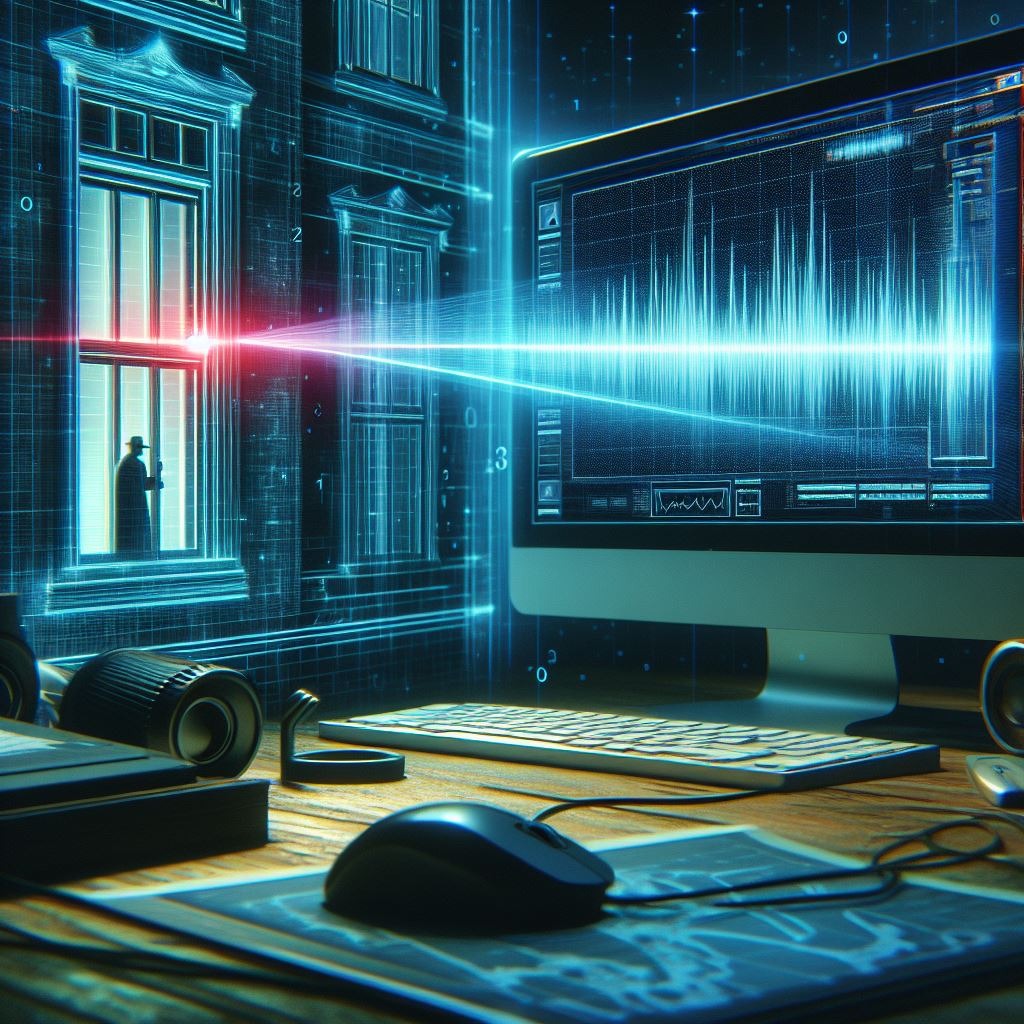 Cyfrowa wizualizacja pracy detektywa: sylwetka w oknie, analiza danych na monitorze, sprzęt detektywistyczny na biurku. Futurystyczny, neonowy styl.