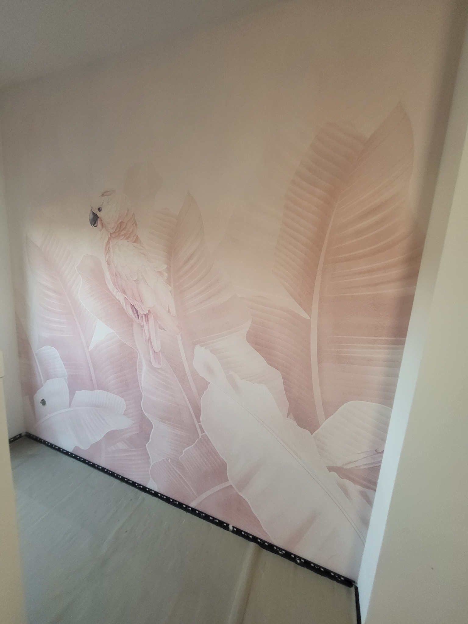 Tapeta z motywem papugi i liści w odcieniach różu, świeżo położona na ścianie w Bydgoszczy. Widoczny fragment podłogi i narożnik pokoju.