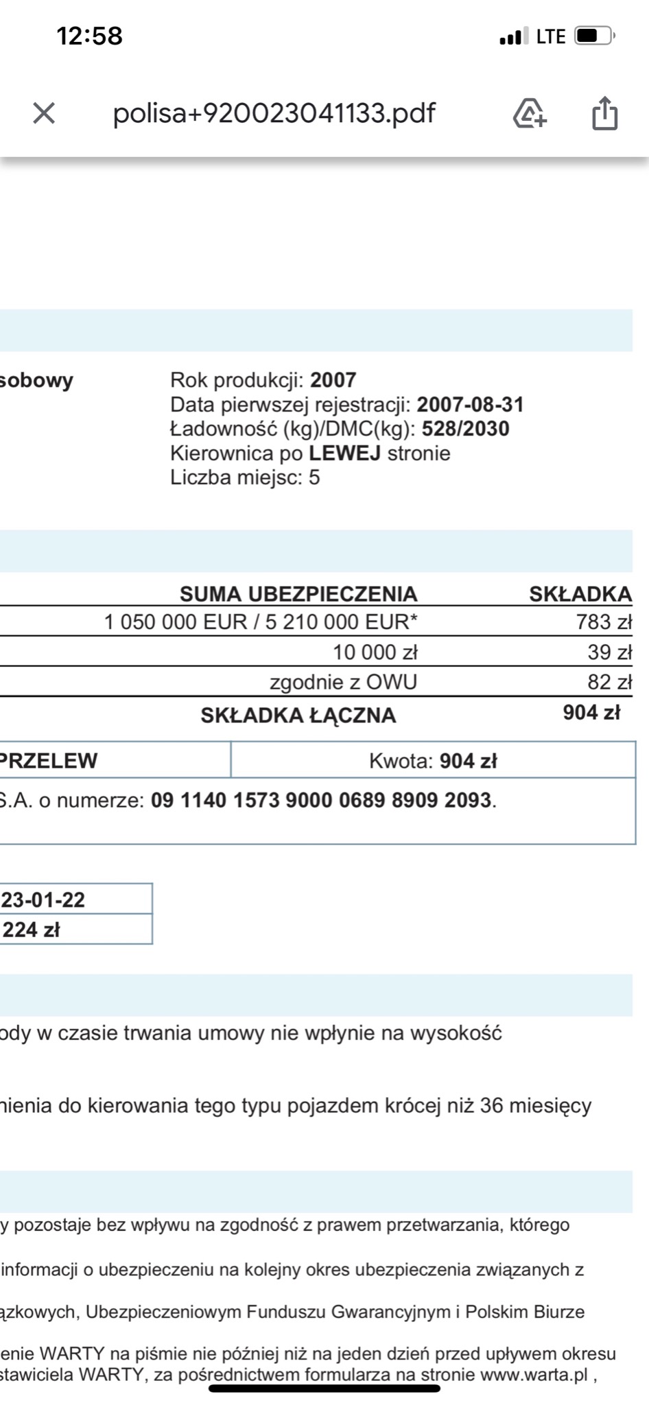 Skan polisy ubezpieczeniowej pojazdu z informacjami o roku produkcji (2007), dacie pierwszej rejestracji (2007-08-31), ładowności (528/2030 kg), liczbie miejsc (5), sumie ubezpieczenia (1 050 000...