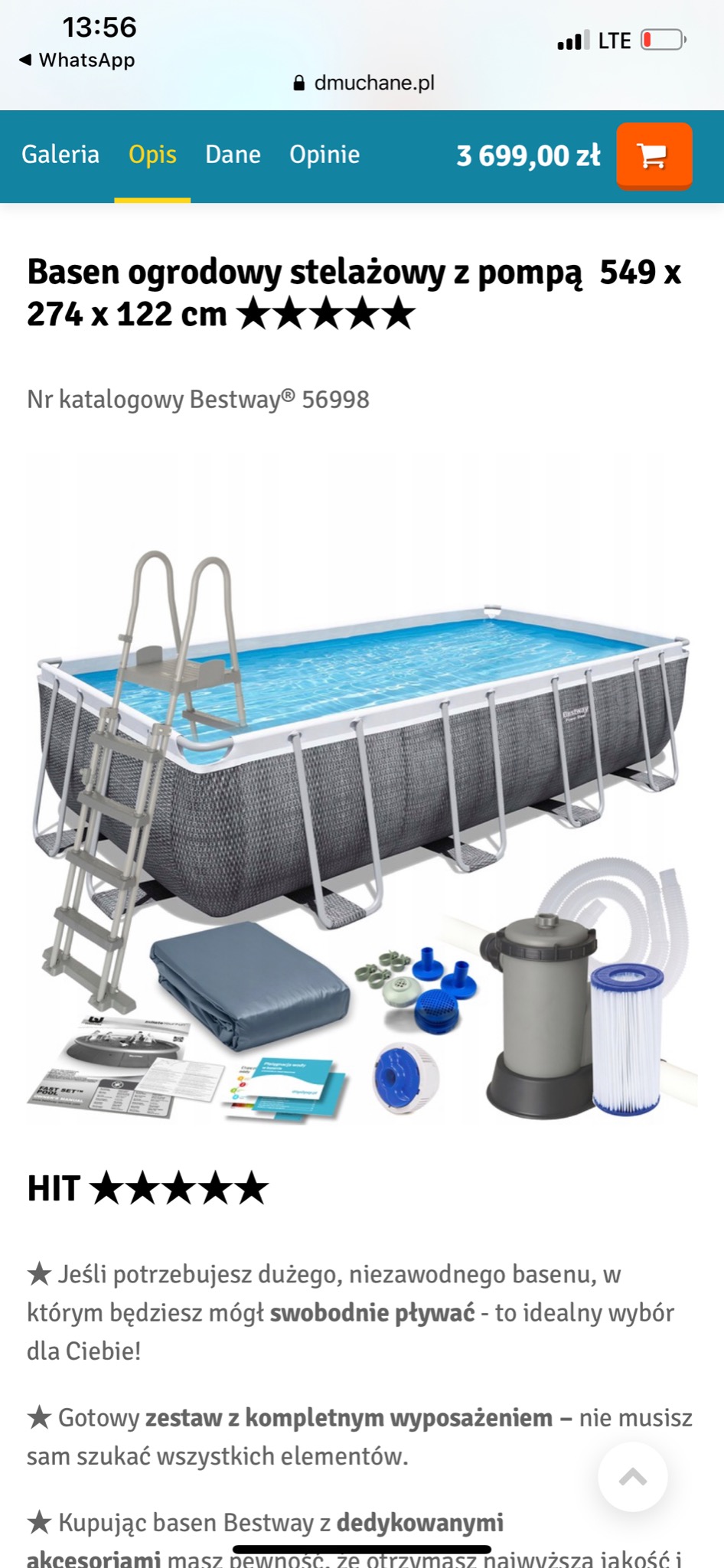 Zestaw basenowy Bestway: basen stelażowy z drabinką, pokrywą, pompą filtrującą i akcesoriami do czyszczenia wody, rozłożony na białym tle.