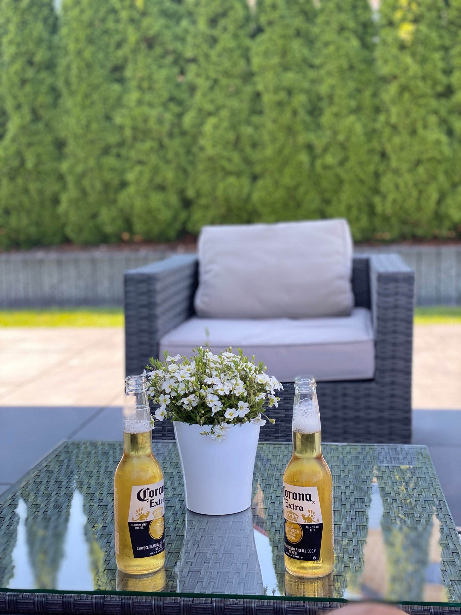 Dwie butelki piwa Corona Extra i doniczka z białymi kwiatami na szklanym stoliku z plecionki rattanowej, w tle szary fotel rattanowy z beżową poduszką i zielone tuje.