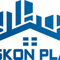 Niebieskie logo firmy Baskon Plast przedstawiające stylizowany budynek z dachem i oknami.