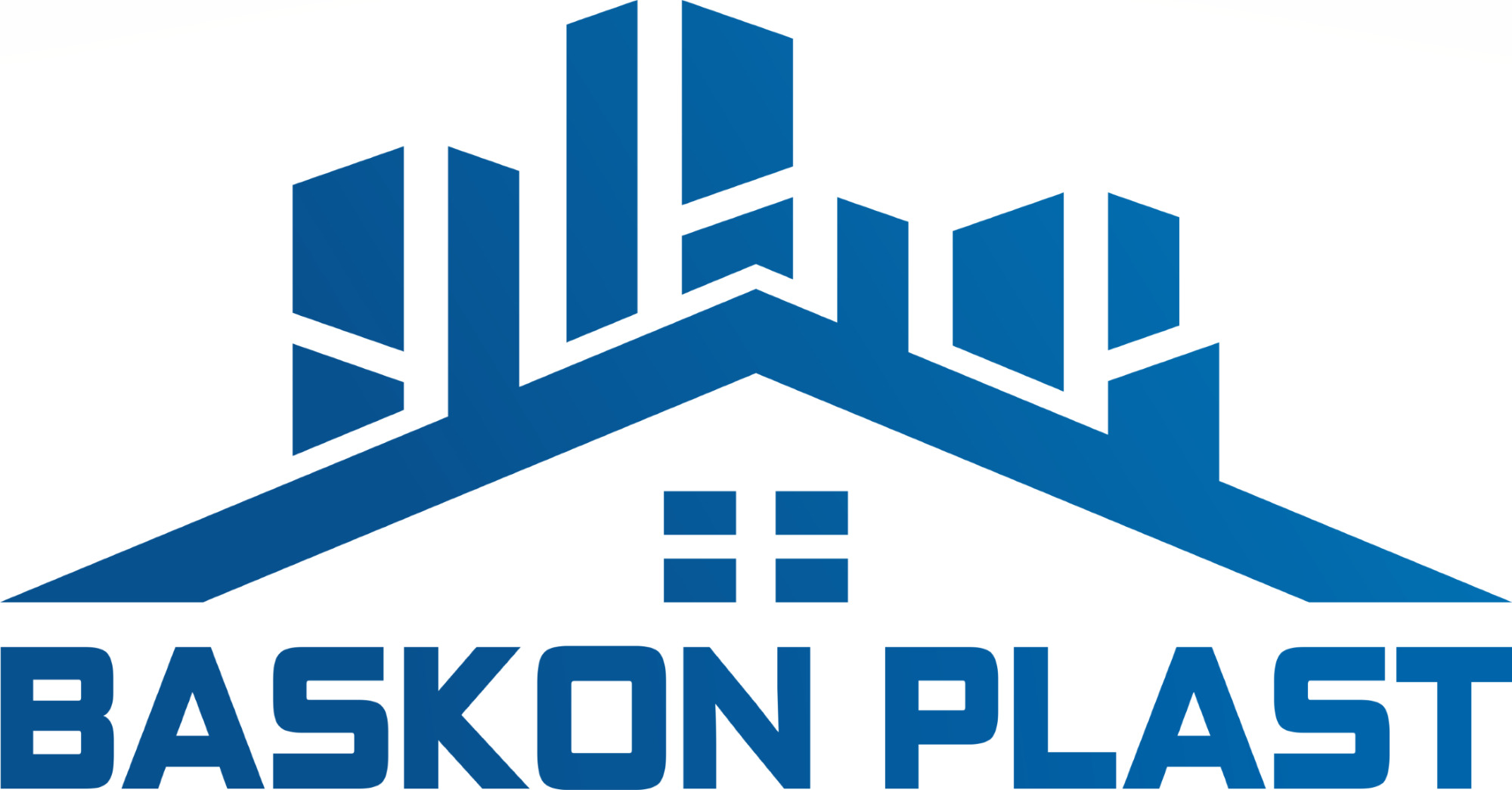 Niebieskie logo firmy Baskon Plast przedstawiające stylizowany budynek z dachem i oknami.