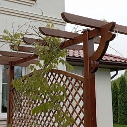 REKWIZYTORNIA KRZYSZTOF HULBÓJ - Drewniana pergola z kratką, częściowo porośnięta bluszczem, przylegająca do białego budynku w Częstochowie. Widoczne okno z firanką i fragment dachu. W tle rząd wysokich, zielonych drzew.