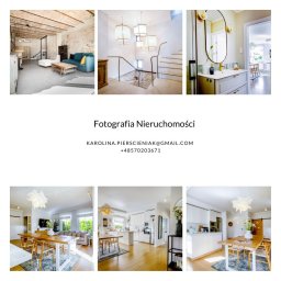 Karolina Pierścieniak Fotografia - Kolaż z sześciu zdjęć wnętrz: surowy salon z ceglaną ścianą, schody z wiszącymi lampami, łazienka z owalnym lustrem, salon z drewnianym stołem i krzesłami, biała kuchnia z wyspą i drewnianym stołem...