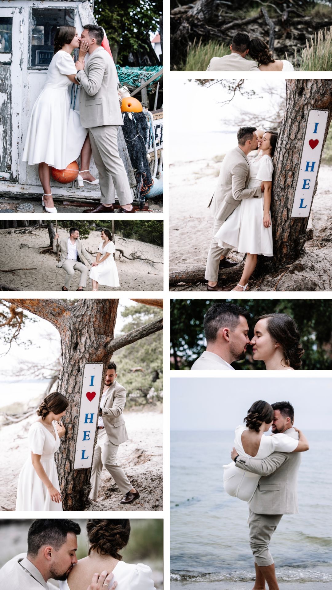 Para młoda w jasnych strojach całuje się na tle starej, drewnianej budki rybackiej z pomarańczowymi bojami i sieciami.