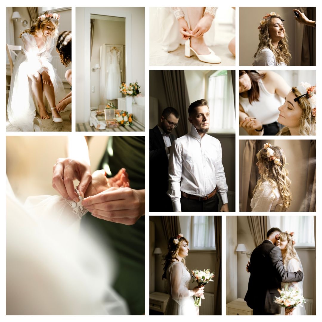 Mozaika zdjęć z przygotowań do uroczystości ślubnej: panna młoda w sukni, makijaż, zapinanie butów, poprawianie koszuli pana młodego, bukiet ślubny, para obejmująca się.
