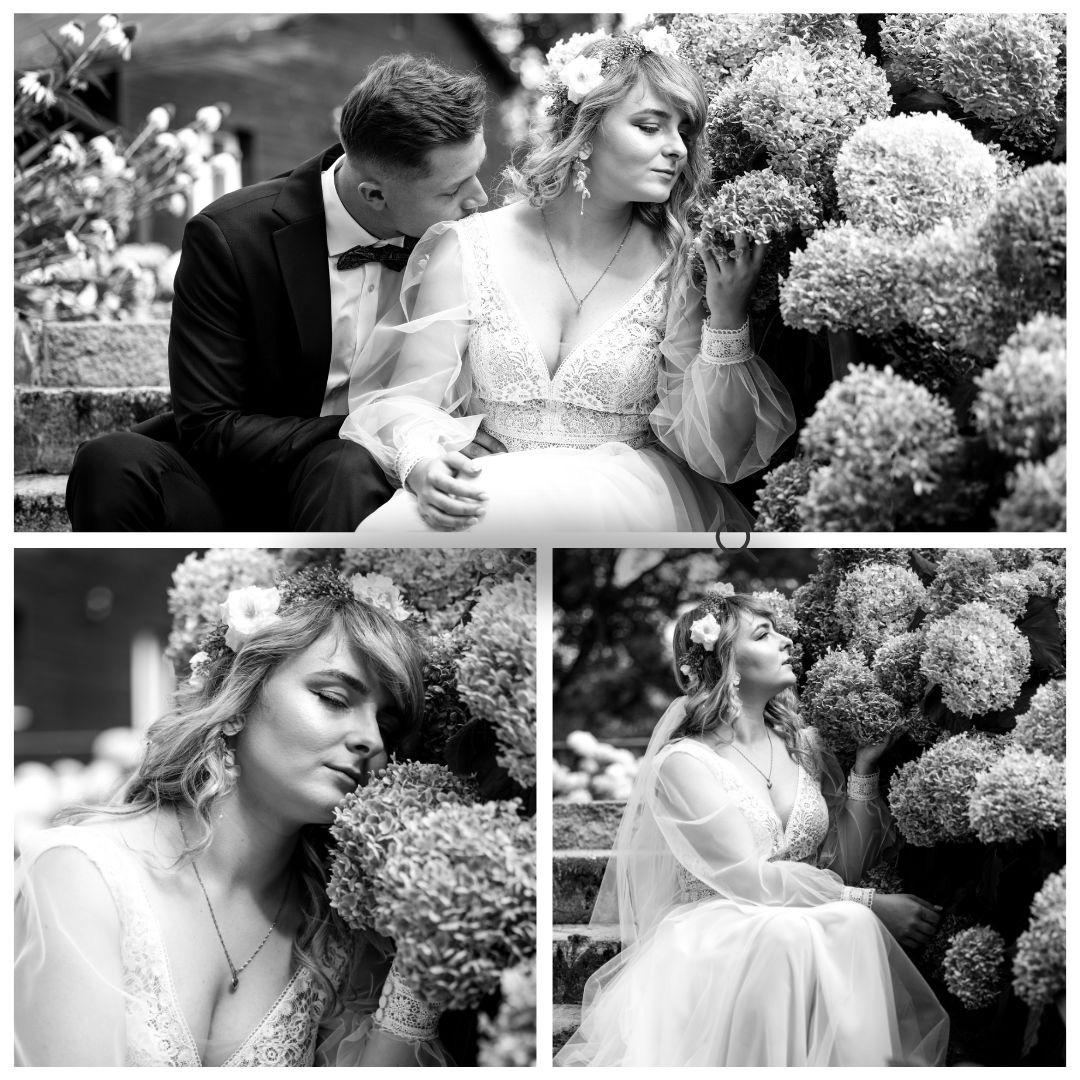 Czarno-białe kolażowe ujęcie pary młodej: pan młody w smokingu siedzi na schodach, obejmując pannę młodą w koronkowej sukni z kwiatowym wiankiem, która wącha hortensje; zbliżenie panny młodej...
