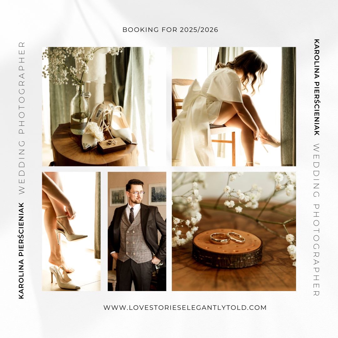 Kolaż zdjęć ślubnych: buty panny młodej, obrączki na drewnianym krążku, panna młoda w szlafroku zakładająca buty, nogi w szpilkach, elegancki pan młody w garniturze.