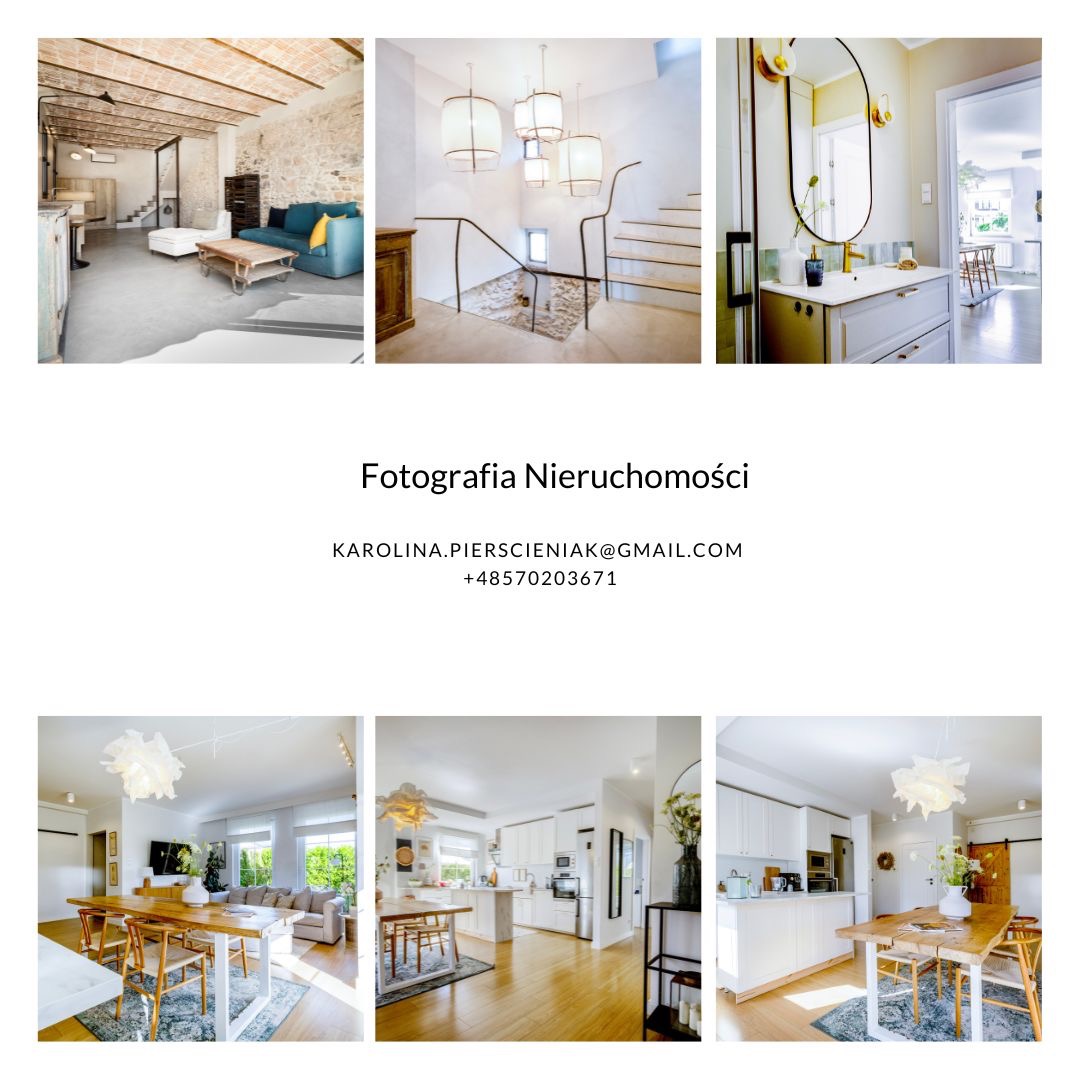 Kolaż z sześciu zdjęć wnętrz: surowy salon z ceglaną ścianą, schody z wiszącymi lampami, łazienka z owalnym lustrem, salon z drewnianym stołem i krzesłami, biała kuchnia z wyspą i drewnianym stołem...