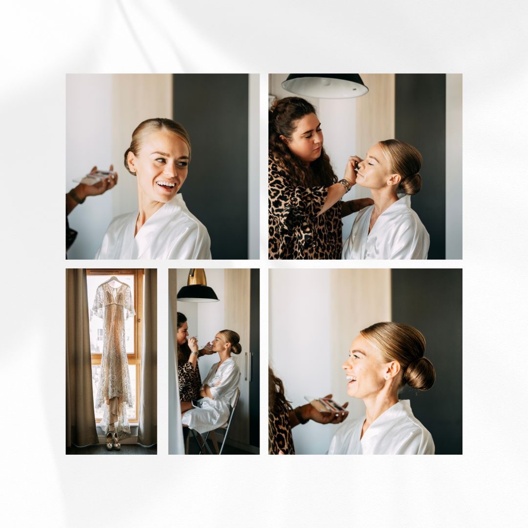 Kolaż przedstawiający przygotowania panny młodej: makijaż wykonywany przez wizażystkę w panterkowym stroju, uśmiechnięta kobieta w białym szlafroku oraz suknia ślubna wisząca w oknie.