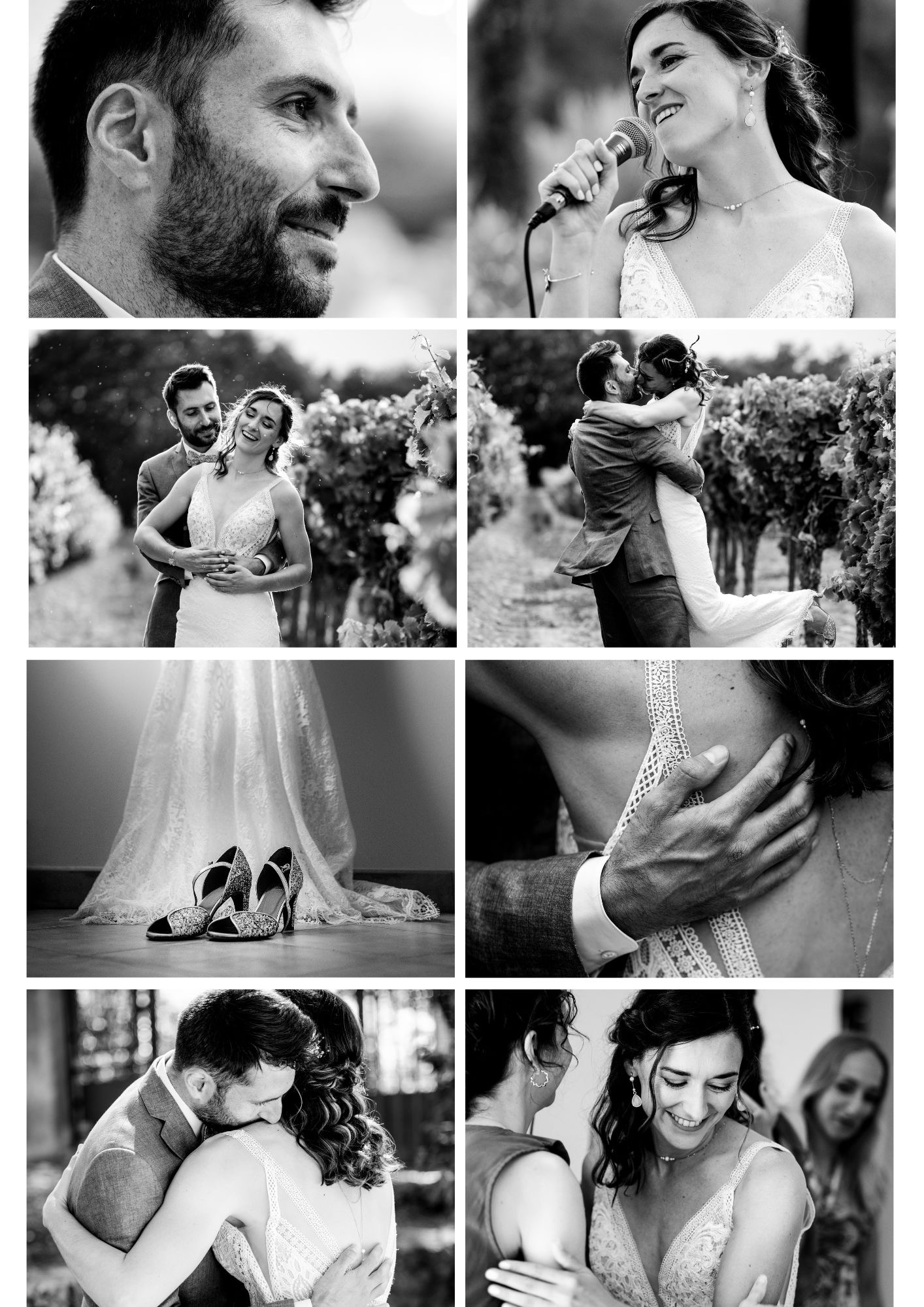 Czarno-biały kolaż z różnych ujęć pary młodej: profil mężczyzny, panna młoda śpiewająca do mikrofonu, para w winnicy, zbliżenie sukni i butów oraz detale uścisku.