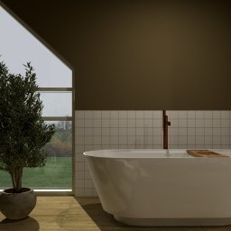 KIMERA Design Studio - Nowoczesna łazienka z wolnostojącą wanną, okładziną z białych płytek i dwoma drzewkami oliwnymi w donicach przy oknie o nietypowym kształcie.