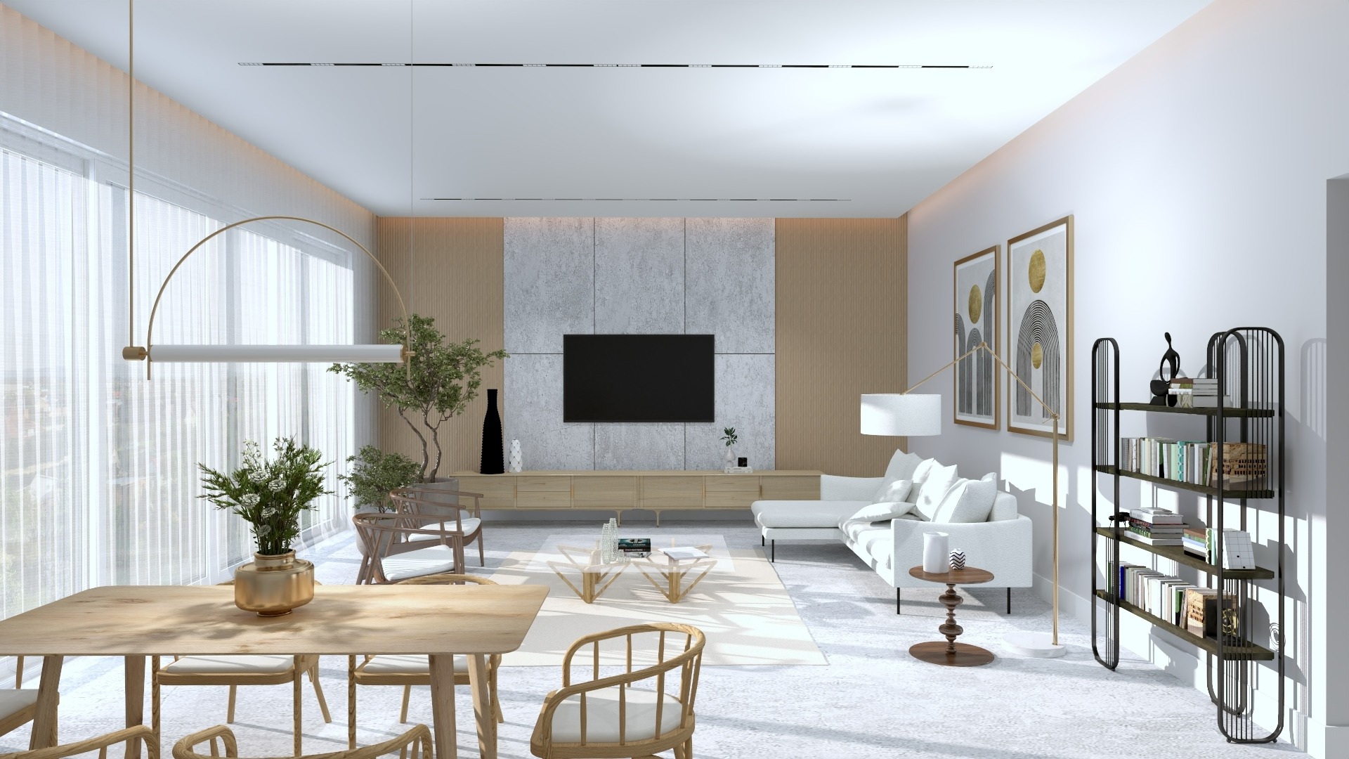 Jasne, przestronne wnętrze salonu z jadalnią, drewniany stół z krzesłami, biała sofa, regał na książki, telewizor na ścianie z dekoracyjnym panelem, minimalistyczny wystrój.