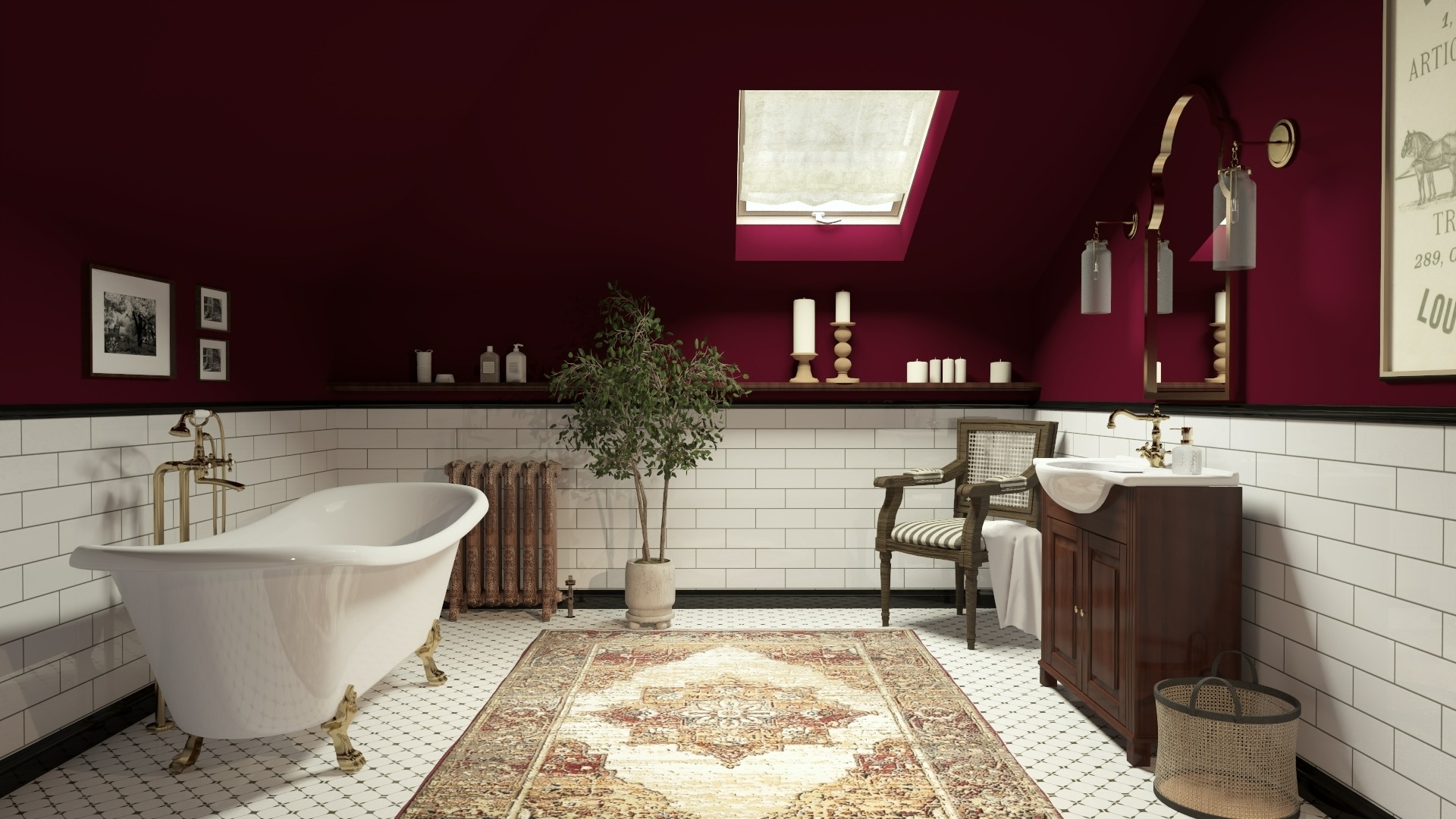 Burgundowa łazienka na poddaszu z białą wanną na złotych nóżkach, drewnianą szafką umywalkową, grzejnikiem żeberkowym, dywanem orientalnym i krzesłem z wikliny.