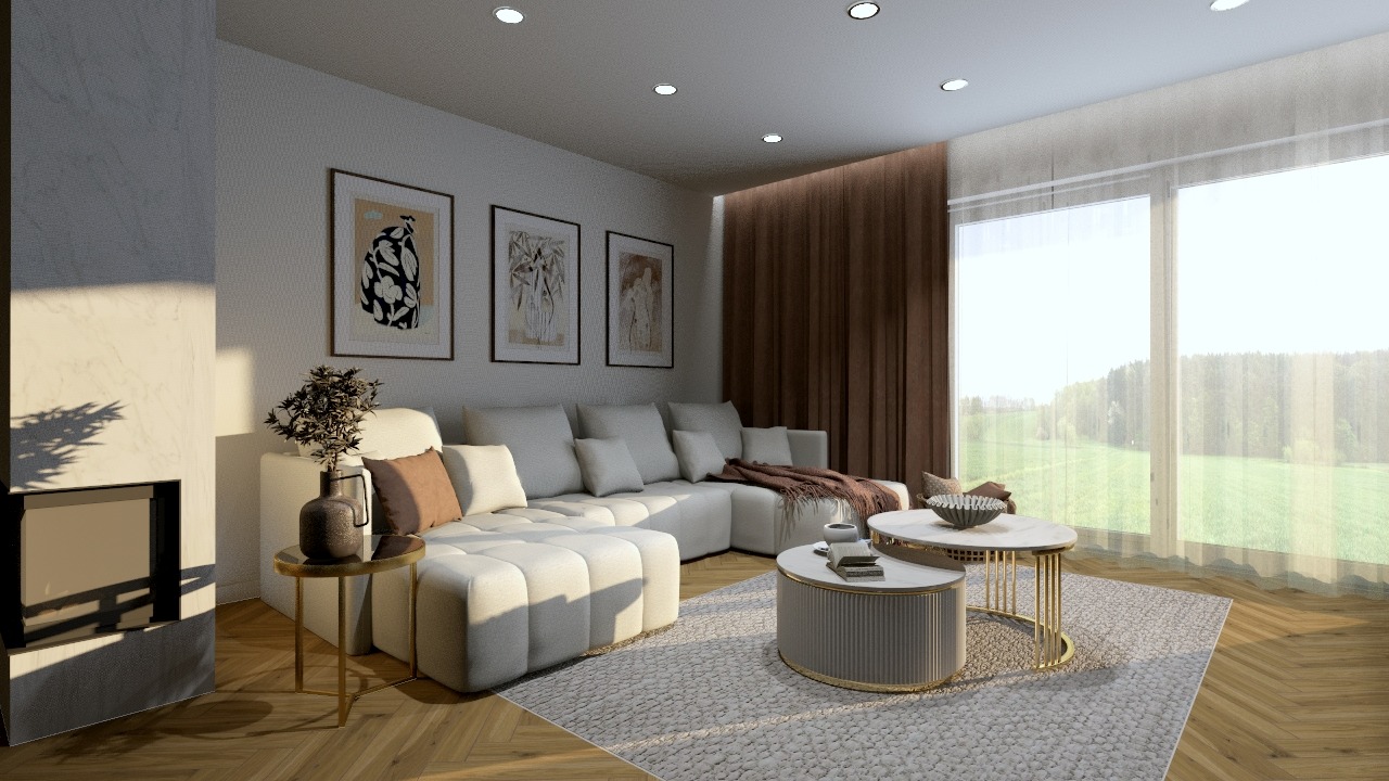 Jasny salon z modułową sofą w kształcie litery U, stolikami kawowymi z marmurowymi blatami i złotymi nogami, dekoracyjnymi obrazami na ścianie oraz kominkiem obok sofy.