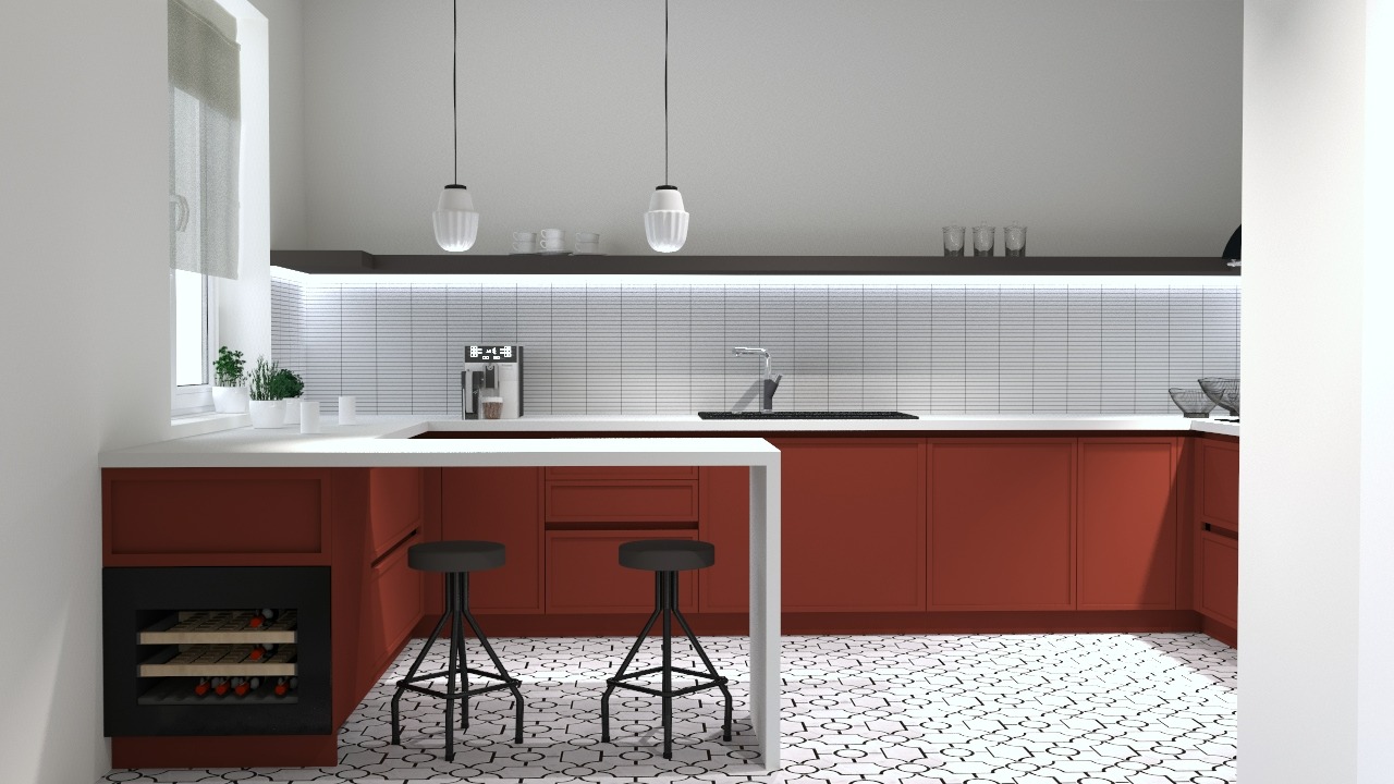 Nowoczesna kuchnia z czerwonymi szafkami, białym blatem, czarnymi hokerami, winną lodówką i geometryczną podłogą.