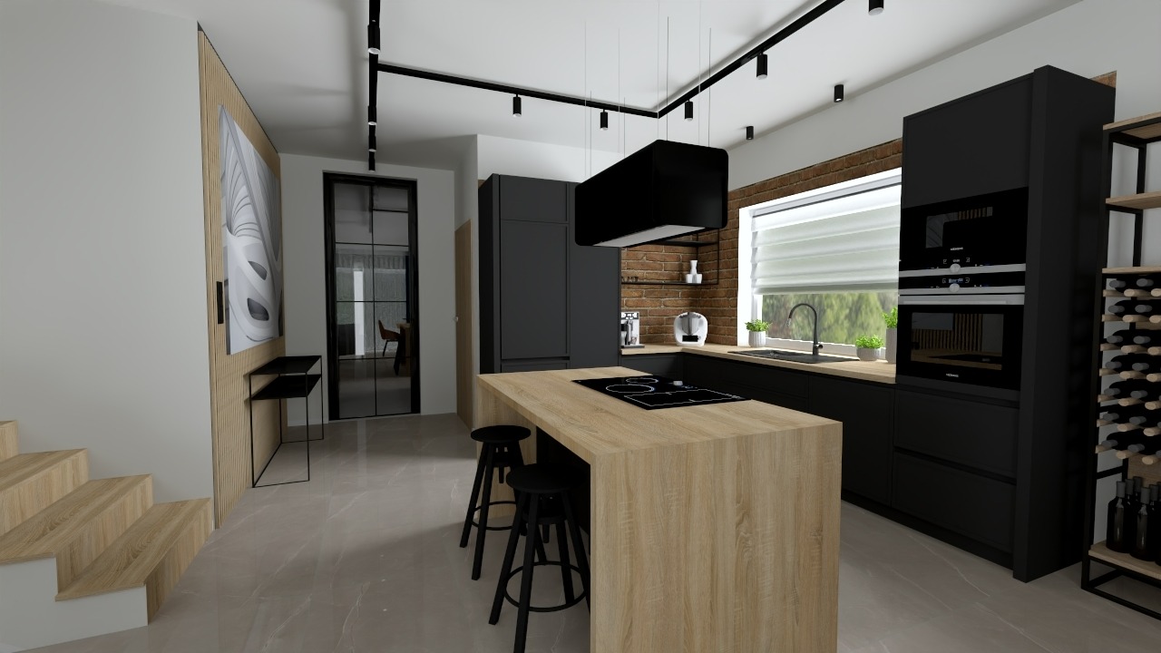 Wizualizacja nowoczesnej kuchni z wyspą, czarnymi szafkami i ceglaną ścianą, oświetlenie punktowe, widok na schody i obraz na ścianie.