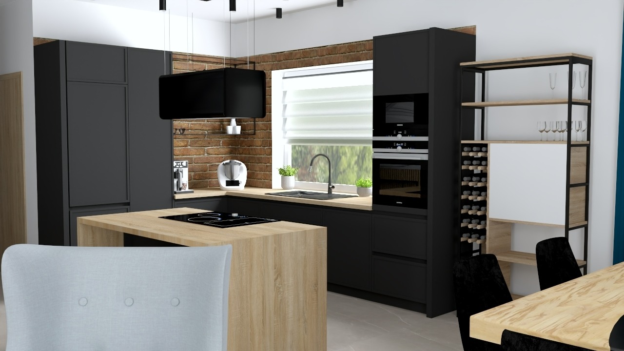 Wizualizacja nowoczesnej kuchni z czarnymi szafkami, drewnianym blatem wyspowym z płytą indukcyjną, ceglaną ścianą i półkami na wino.