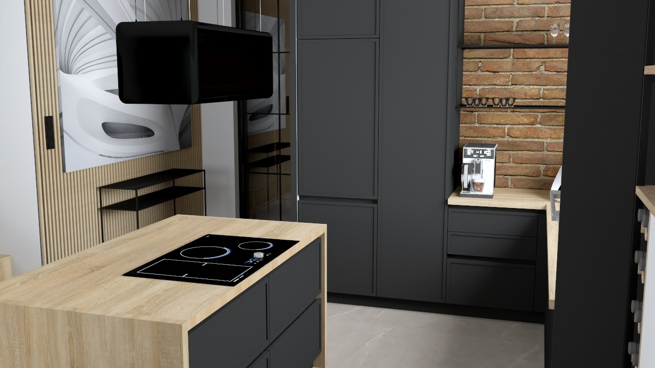 Nowoczesna kuchnia z wyspą o drewnianym blacie i czarną płytą indukcyjną, czarne szafki, ceglana ściana z ekspressem do kawy i półkami na kieliszki, dekoracyjna grafika na ścianie.