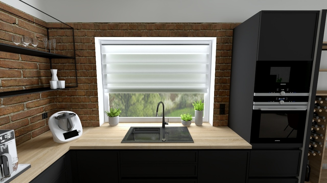 Wizualizacja nowoczesnej kuchni z ceglaną ścianą, czarnymi szafkami, drewnianym blatem, oknem z roletami, zlewem i sprzętem AGD, w tym piekarnikiem Siemens i Thermomixem.