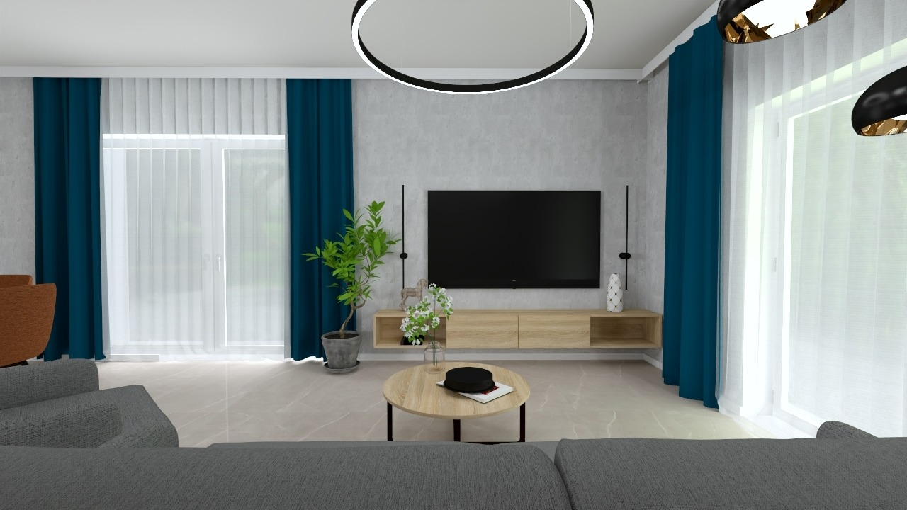 Wizualizacja salonu z szarą sofą, okrągłym stolikiem kawowym z książką i kapeluszem, telewizorem na ścianie, roślinami doniczkowymi oraz turkusowymi zasłonami.
