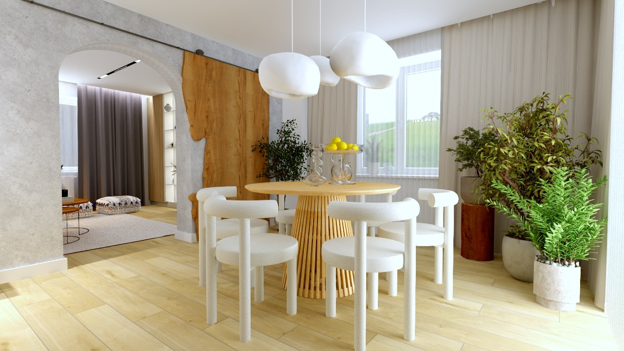 Jasna jadalnia z okrągłym stołem, białymi krzesłami i lampami w kształcie chmur. Drewniana ściana z nieregularnym wycięciem dodaje unikalnego charakteru.