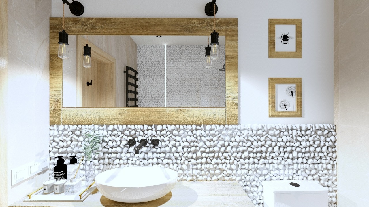 Nowoczesna łazienka z drewnianym lustrem, kamienną mozaiką i minimalistycznymi dodatkami. Ujęcie z perspektywy użytkownika, z widocznym blatem i umywalką.