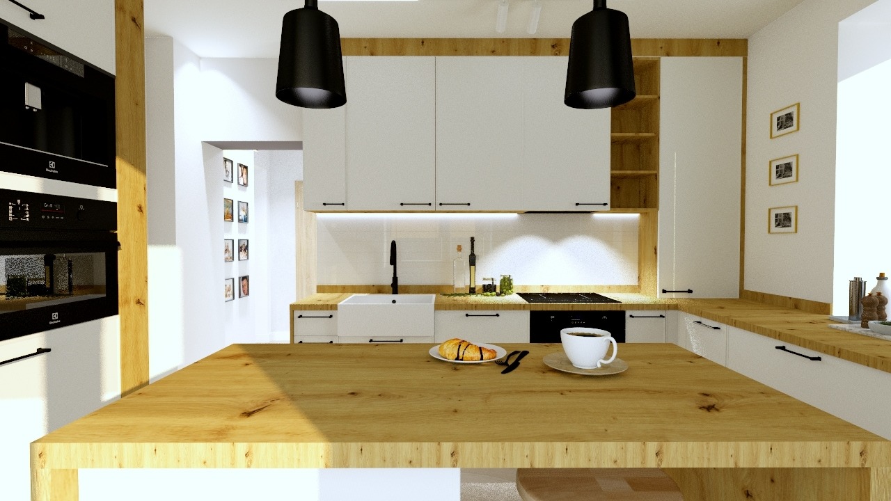 Jasna kuchnia z drewnianym blatem, czarnymi lampami i sprzętem Electrolux. Minimalistyczny styl, detale jak rogalik i kawa dodają przytulności.