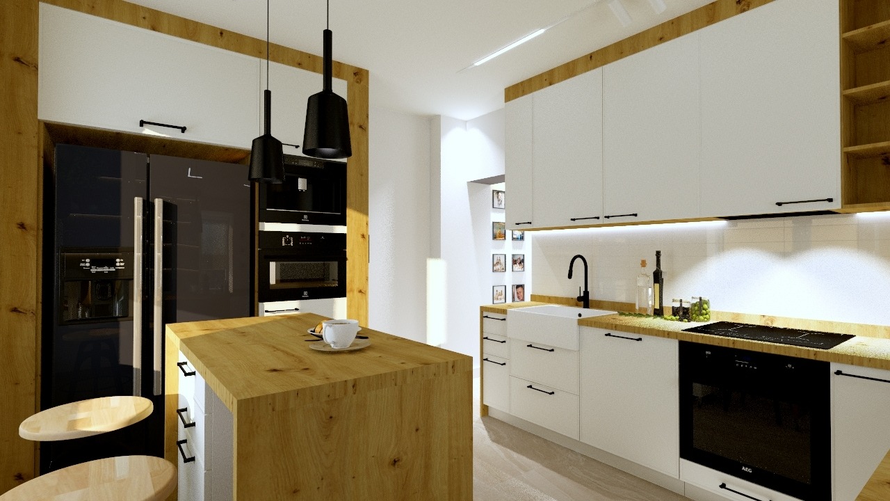 Nowoczesna kuchnia z wyspą o drewnianym blacie, czarnymi lampami i sprzętami AEG. Białe szafki z czarnymi uchwytami i drewniane wykończenia tworzą ciepłą atmosferę.