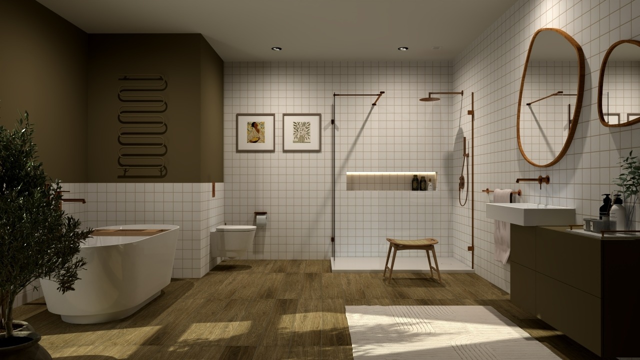 Nowoczesna łazienka z drewnianą podłogą i białymi płytkami. Uwagę zwracają owalne lustra w drewnianych ramach i minimalistyczna armatura w kolorze miedzi.