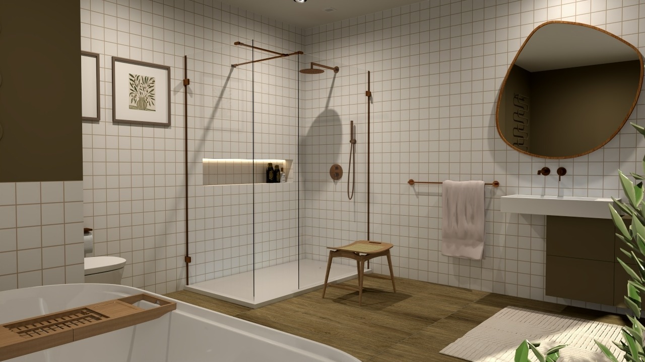 Nowoczesna łazienka z białymi płytkami, kabiną prysznicową walk-in, drewnianym stołkiem i asymetrycznym lustrem. Armatura w kolorze miedzi. Minimalistyczny design.