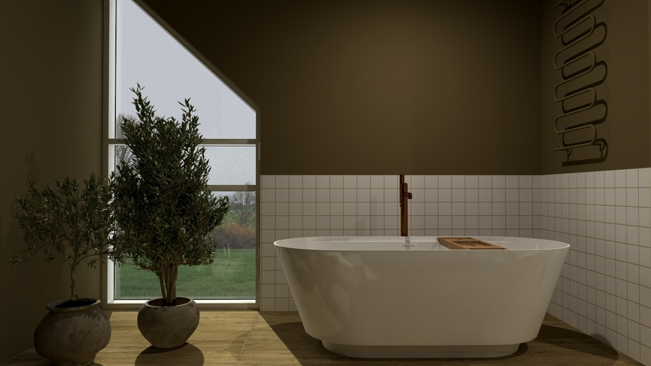 Nowoczesna łazienka z wolnostojącą wanną, okładziną z białych płytek i dwoma drzewkami oliwnymi w donicach przy oknie o nietypowym kształcie.
