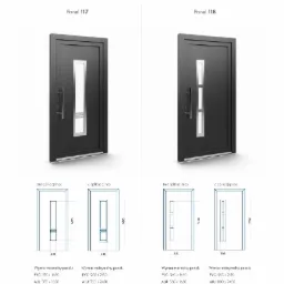Dwa modele drzwi wejściowych w kolorze antracytowym, z różnymi wariantami przeszkleń i specyfikacją techniczną. Panel 117 z pojedynczym, a Panel 118 z trzema przeszkleniami.