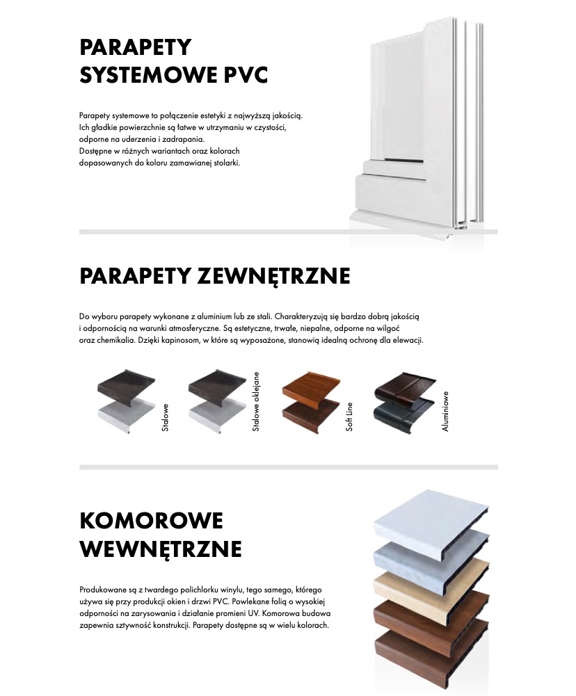 Parapety systemowe PVC, zewnętrzne aluminiowe/stalowe i komorowe wewnętrzne, prezentowane w formie katalogu produktowego z opisami.